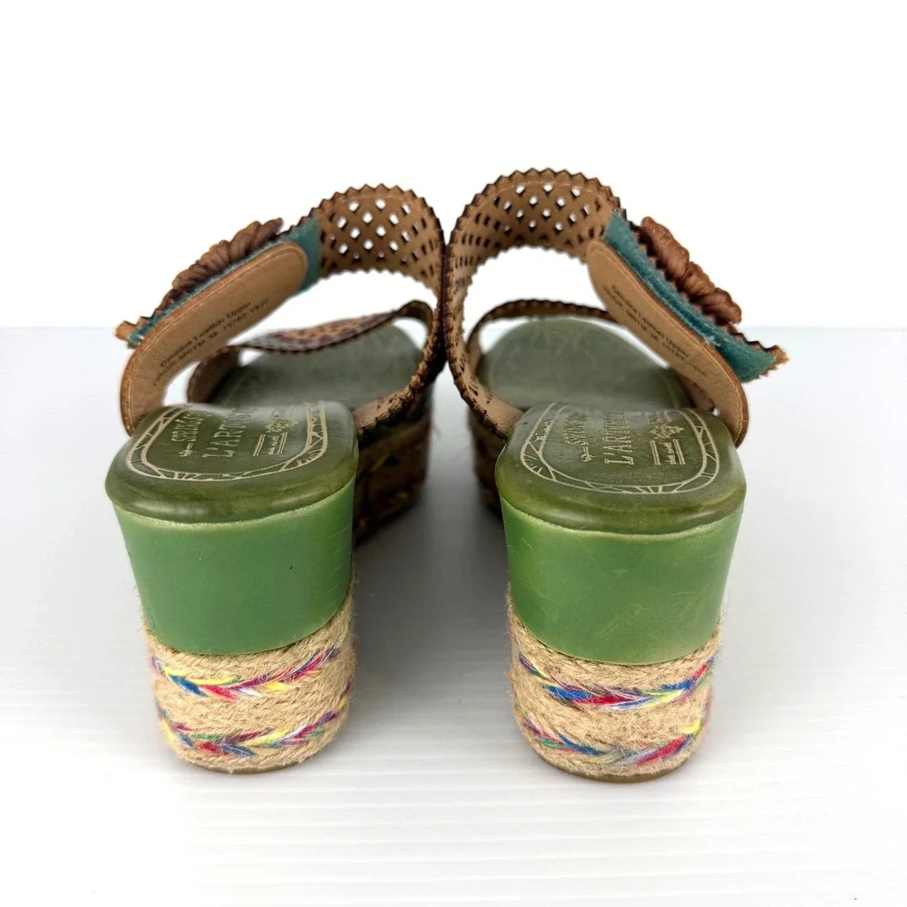 Spring Step L'Artiste Lona Green Leather Floral Wedge Sandals Slides EU 38